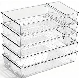 8 Pack Large Clear Plastic Drawer Organizer Bins - Acrylic Bathroom Drawer Organizer Trays - Heavy Duty Kitchen Drawer Dividers for Utensils - Non-Slip Storage Bins for Makeup, Bedroom, Office Desk