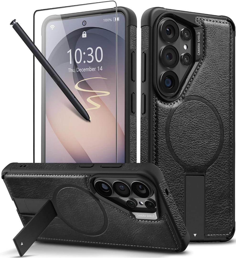 Strong Magnetic for Samsung Galaxy S26 Ultra Case Leather,[Compatible with MagSafe], Adjustable Kickstand, Shockproof Protective Cover for Samsung S26 Ultra (Black)