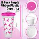 12 Pcs 24 oz Pink Disposable Pet Drinking Cups with Lid Pink Awareness Ribbon Disposable Straw for Christmas Dinner Anniversary Party Supplies Stuffers Gifts