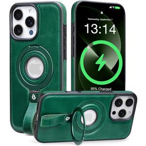 Butaiga for iPhone 13 Pro Leather Case with Stand, Anti-Slip Grip Ring, Fits for MagSafe (Green, iPhone 13 Pro)
