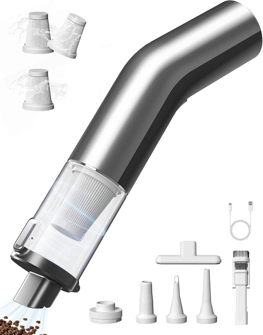 Car Vacuum Portable Cordless, 5-in-1 Portable Mini Handheld Vacuum Cordless with HEPA Filter, 2 Suction Modes, 12000pa Suction Power Blowing & Inflating 2 Modes for Car, Home, Pet, Keyboards (Silver)