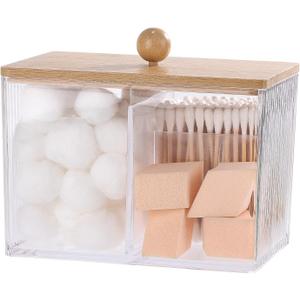Ohlove Qtip Holder with Bamboo Lids, 3 Compartments Cotton Ball/Swabs Dispenser, Apothecary Jar Clear Plastic Bathroom Container for Storage and Organizer