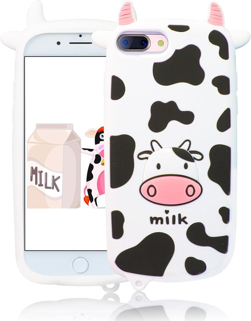 Boaretiu Soft Silicone Carton 3D Cute Design for iPhone 8/7/6/6S Plus Case 5.5 Inch - for iPhone 8/7/6/6S Plus Phone Case Cover for Girl Women Teen Girly Kawaii Animal Funny Fun Unique Fashion,Cow