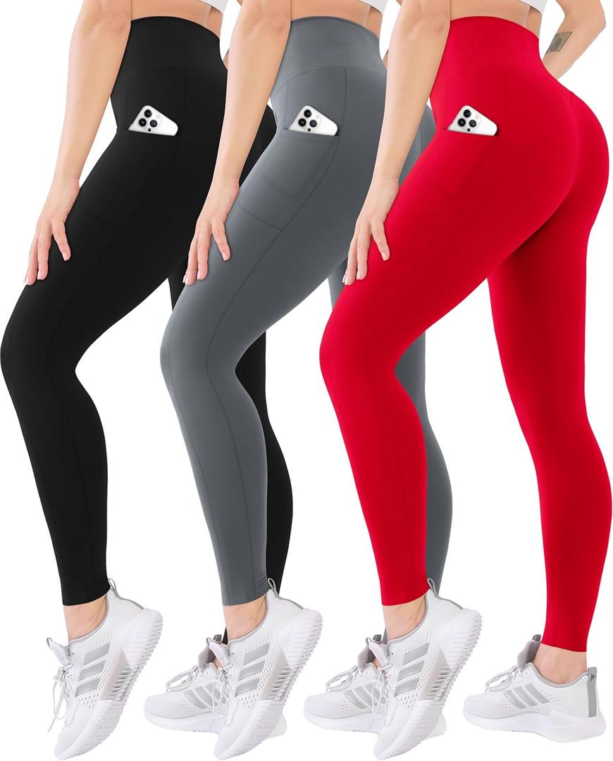 Blisset 3 Pack High Waisted Leggings for Women with Pockets Soft Active Tummy Control Pants for Yoga Running & Daily Wear (Large-X-Large, 03-pokets-black/Grey/Red)