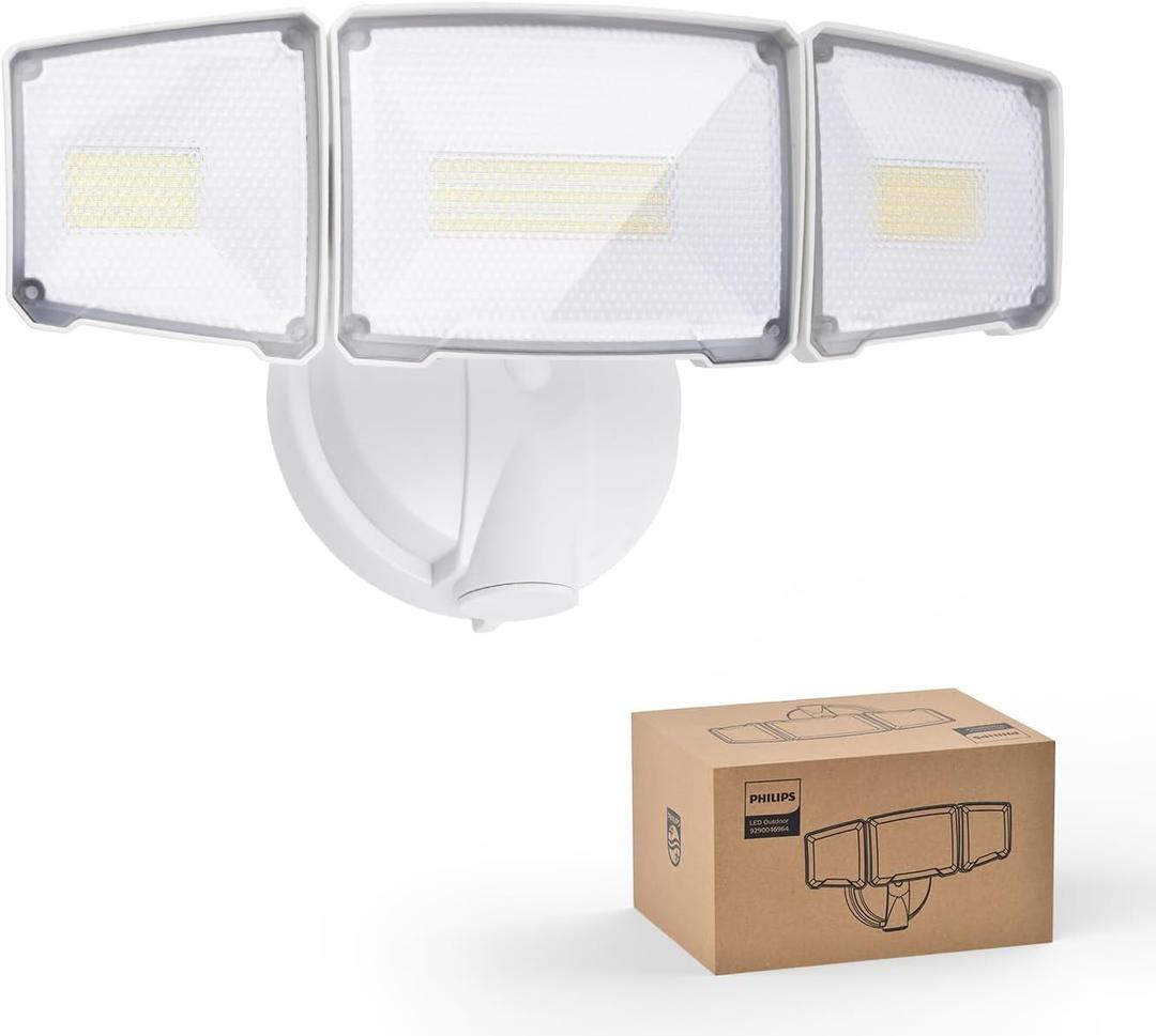 Philips 72W 7400LM LED Flood Lights Outdoor, Switch Controlled Aluminum Security Lights, 3 Adjustable Heads, Wall Mount, 5000K Daylight, Waterproof for Yard, Garage (White-On/Off)