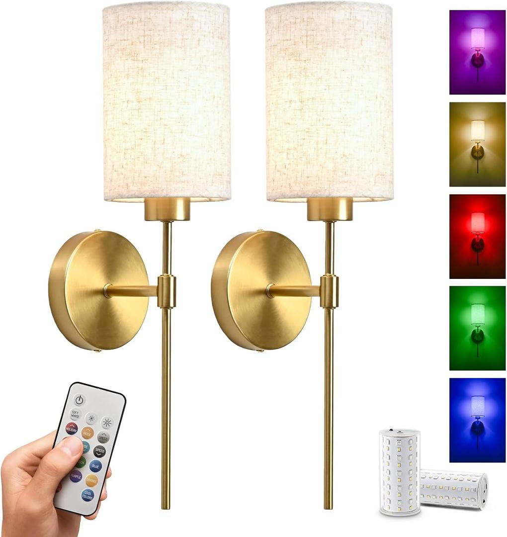 Battery Operated Wall Sconce Set of 2,Rechargeable Wall sconces with 2 * 5200mAh Magnetic Battery Bulbs, 18 RGB Colors,Dimmable Wireless Sconces for Bedroom Living Room Hallway