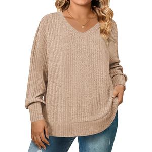 Women's Plus Size Long Sleeve Shirts V Neck Casual Fall Tops Loose Fit Lightweight Sweaters Tunic Fashion 2025, L