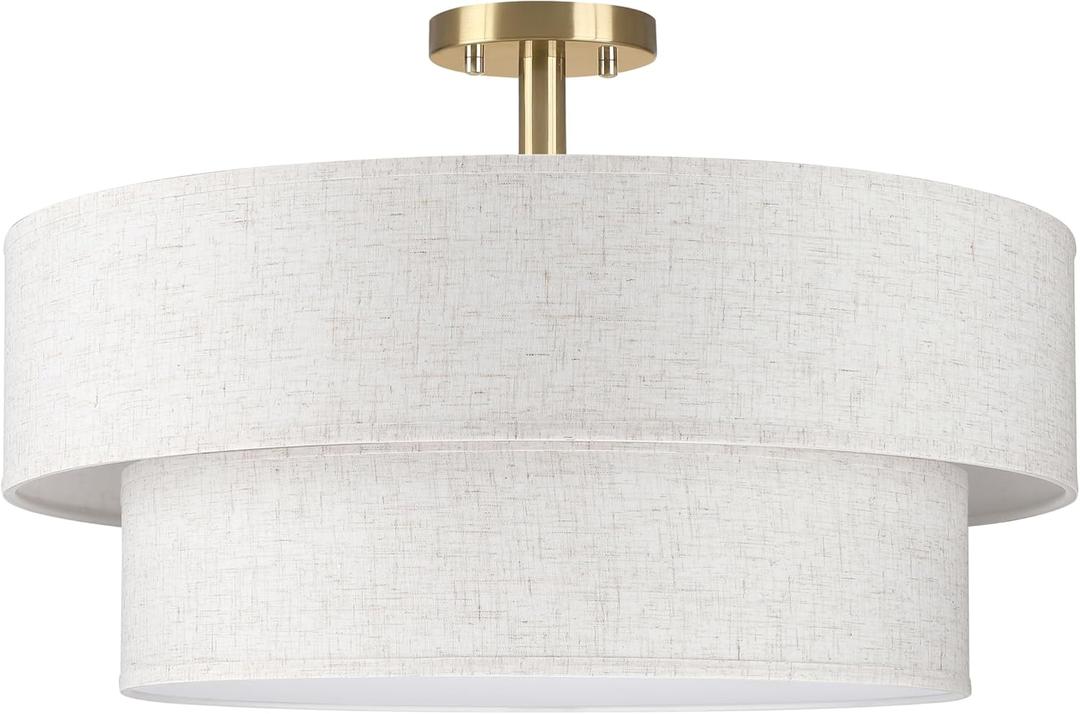 2-Tier 22" Cream Drum Fabric 5 Light Gold Semi Flush Mount Ceiling Light for Living Room Dining Room Bedroom Hallway