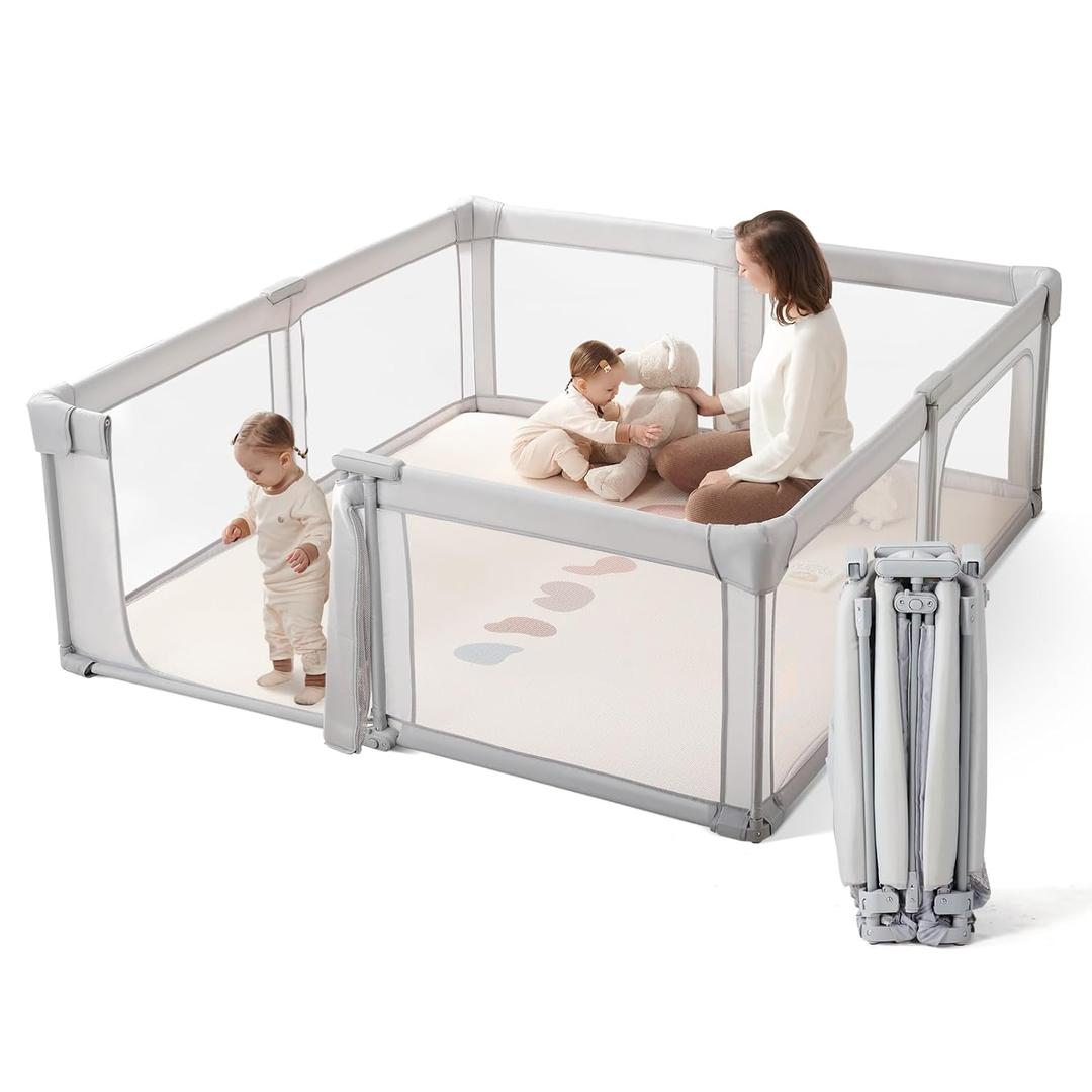 Baby Playpen Portable, Pre-Assembled Play Pen 71x79 Large Foldable Playpen for Babies and Toddlers, Sturdy and Safe Toddler Play Yard Indoor Outdoor with Carry Bag, Grey
