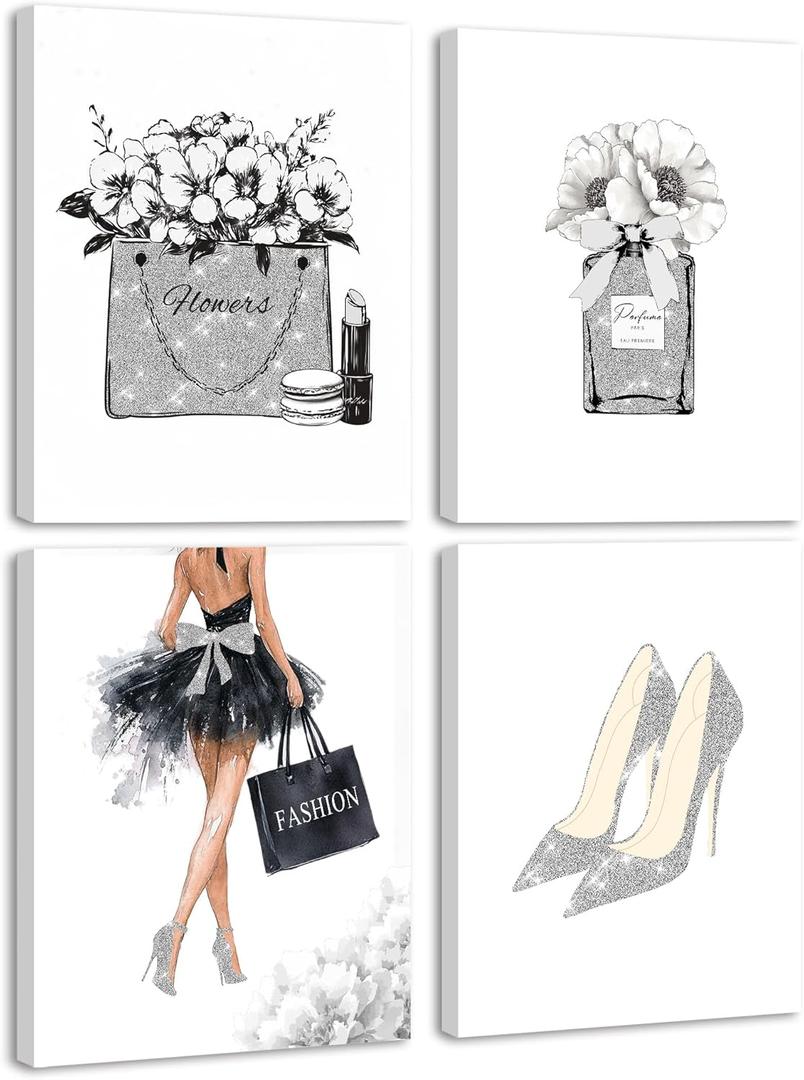 Drsoum Glam Fashion Bathroom Decor Gray Framed Beauty Girly Elegantes Bathroom Wall Art Glitter Tissue Pictures Modern Aesthetics Ready to Hang Set of 4, 8x10 in (Framed)