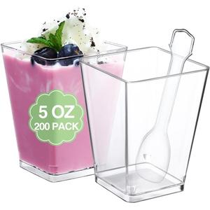 SHOPDAY 5 Oz-Plastic-Dessert-Cups: 200 Pack Square-Clear-Parfait-Cup-with-Spoons, Appetizer-Cup Small-Plastic-Mini-Shooter-Cups for Party Yogurt Mousse