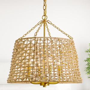 20" Hand-Woven Rattan Chandelier for Dining Room 4-Light Farmhouse Rattan Chandeliers Light Fixture Rustic Drum Wicker Gold Chandeliers for Dining Room,Kitchen,Living Room,