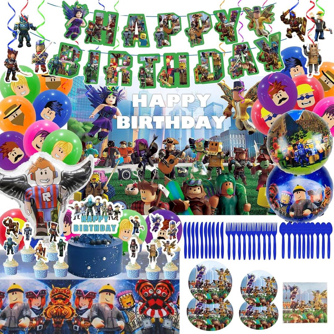 Birthday Party Decorations - Theme Party Supplies Included Happy Birthday Banner, Backdrop, Hanging Swirls, Tablecloth, Cupcake Cake Toppers, Tableware, Latex Balloons, Aluminum foil Balloons