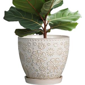 10 Inch Ceramic Planter Pot Large Plant Pot for Indoor Plants Outdoor Round Flower Pot with Drainage Hole and Saucer for Home Garden Decor White