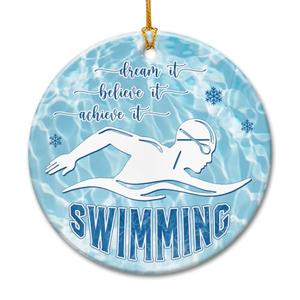 Swimmer Christmas Ornament 2025 - Swimming Ornaments for Christmas Tree, Swimmer Gifts for Men, Women, Sports Gift Ideas, Swim Gifts for Athletes, Coaches, Team - Ceramic Hanging Decorations, Pack Of 2