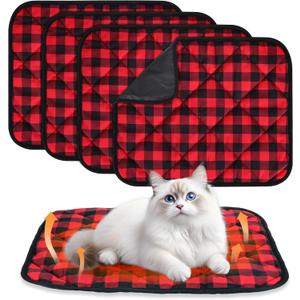 4 Pack Self Warming Cat Beds, 18" x 24"Self Heating Pad with Christmas Red Buffalo Plaid, Thermal Pet Blanket with Non-Slip Bottom, Self Warm Cat Mat for Indoor Outdoor, Reflects Body Heat