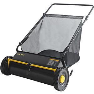 Push Lawn Sweeper, 26-Inch Width, 7 Cu. Ft. Hopper Capacity, 4 Spinning Brushes, Adjustable Height, Durable Steel Frame with Rubber Wheels, Yellow & Black