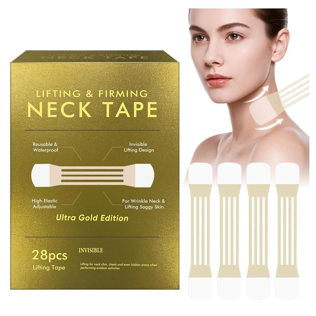 ITECFREELY 28PCS Neck Lift Tape, Invisible Neck Tape Lifting for Double Chin & Sagging Skin, Reusable High Elastic Face Tape Waterproof & Breathable Instant Lift for Women (Golden)