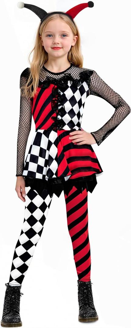 Little Girls Clown Halloween Costume Cosplay Dress with Pants Headband (9-10 Years, Black)