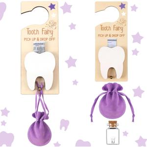 Tooth Fairy Holder Bag Hanger with Money Slot Keepsake Bottle Velvet Pouch Tooth Fairy Box Encourage Gift for Lost Teeth Boy Girl Milk(Classic,Purple)