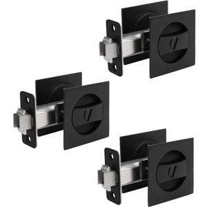 goldenwarm Matte Black Square Pocket Door Lock, Pocket Door Hardware for 2-1/8'' Round Bore Hole, Pocket Door Handles Fit 1-1/4'' to 2'' Thickness Sliding Door 2-3/8'', Classic 3 Pack, Square, Matte Black