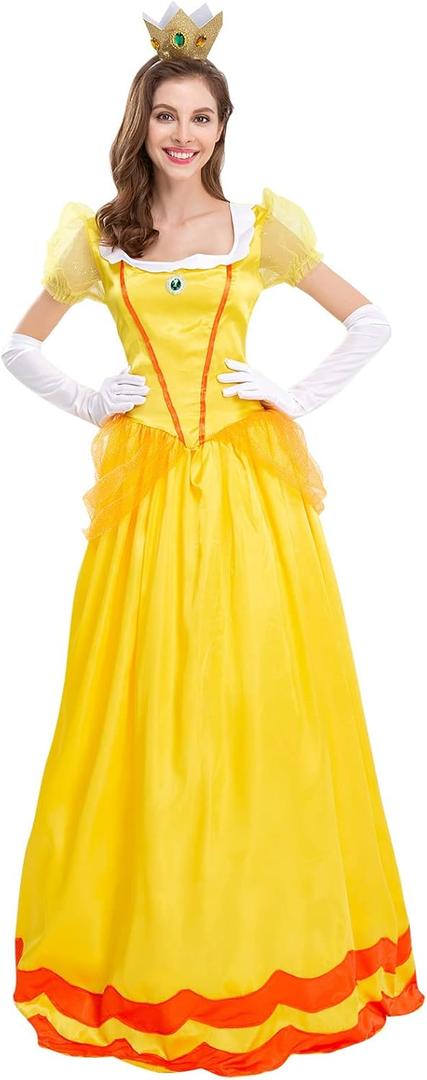 AFAVOM Princess Peach Costume with Crown and Gloves for Adult Women Halloween Birthday Party Dress up Fancy Cosplay Outfit (Small, Yellow)