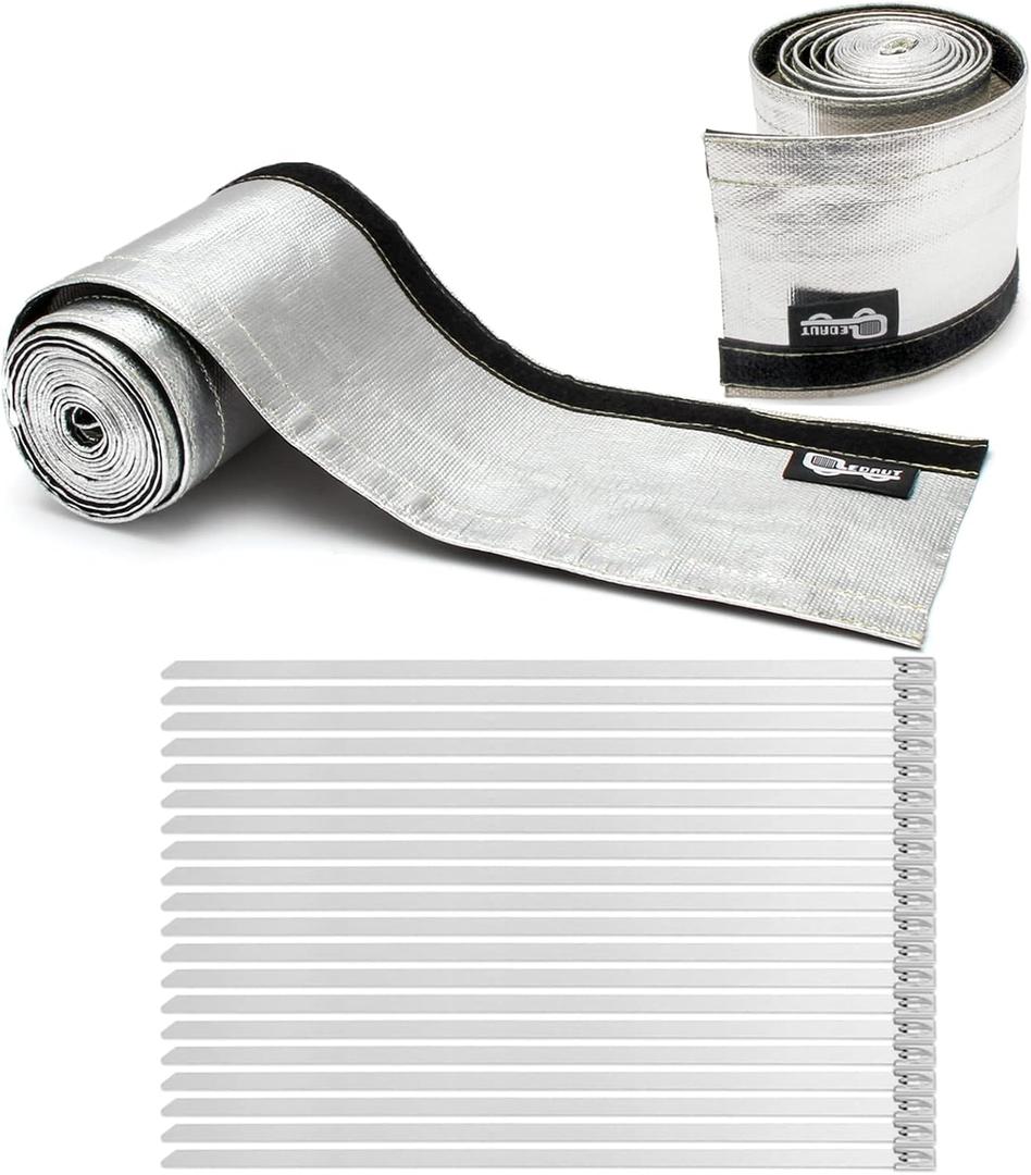 Heat Shroud Sleeve Aluminized 2 Pcs for Ultimate Heat Protection Hose Wire Shield 1-1/4''I.D. x 10FT, with 20 Pcs 7.8Inch Stainless Steel Cable Metal Zip Ties