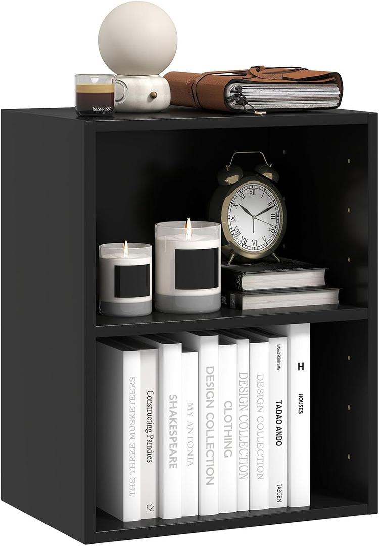 Tangkula 2-Tier Bookshelf, Open Shelf Bookcase with 7-Position Adjustable Shelf, Multifunctional Wooden Cubby Storage Display Shelf for Home Office Study Living Room (Black, 1)