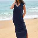 MEROKEETY Women's 2025 Spring Summer Maxi Dress Casual V Neck Split Beach Vacation Loose Long Dresses (Blue, S)