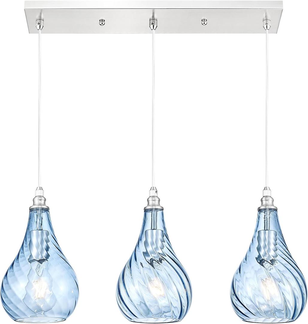 TENGXIN 3-Light Pendant Lights for Kitchen Islands - Brushed Nickel with Blue Glass. Farmhouse Style, Ideal for Dining Rooms and Bedrooms, 6 Inch