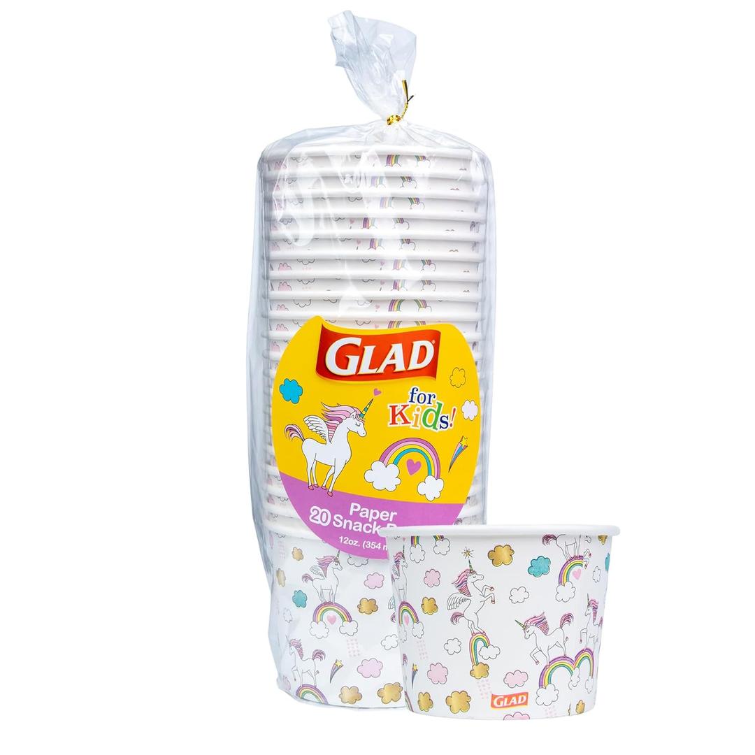 Glad for Kids Unicorns Paper Snack Bowls, Disposable Paper Bowls for Kids Snacks and Parties, Sturdy Microwave Safe Bowls for Everyday Use and Easy Cleanup, 12 Oz, 20 Count (Multicolor)