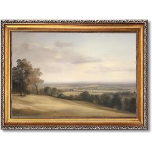 Large Gold Framed Classic European Pastoral Landscape Canvas Wall Art Vintage English Countryside Horizon Oil Painting Poster Retro Rolling Hills Artwork Prints for Rustic Farmhouse Decor 24x36inch
