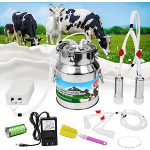 2-in-1 Upgrade 3.7Gal/14L Portable Electric Milker, Milking Machine for Cows and Goats with Food-Grade Stainless Steel Bucket,4 Teat Cups and Pulsation Vacuum System for Farm,Ranch and Home Dairy Use