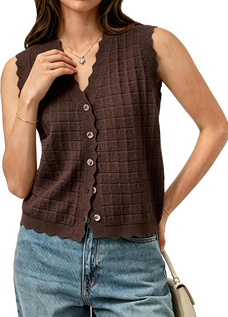 Trendy Sweater Vest Waffle Knit Top Vest V Neck Cardigan Sweater Casual Sleeveless Tops Cute Ruffle Vest (Brown, S)