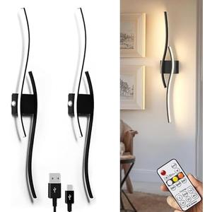 Battery Operated Wall Sconce Set of 2, Modern Wireless Sconces with Remote, Black Rechargeable Wall Lights Dimmable Battery Cordless Wall Sconces for Bedroom Living Room Hallway Timing(39.4 Inch)