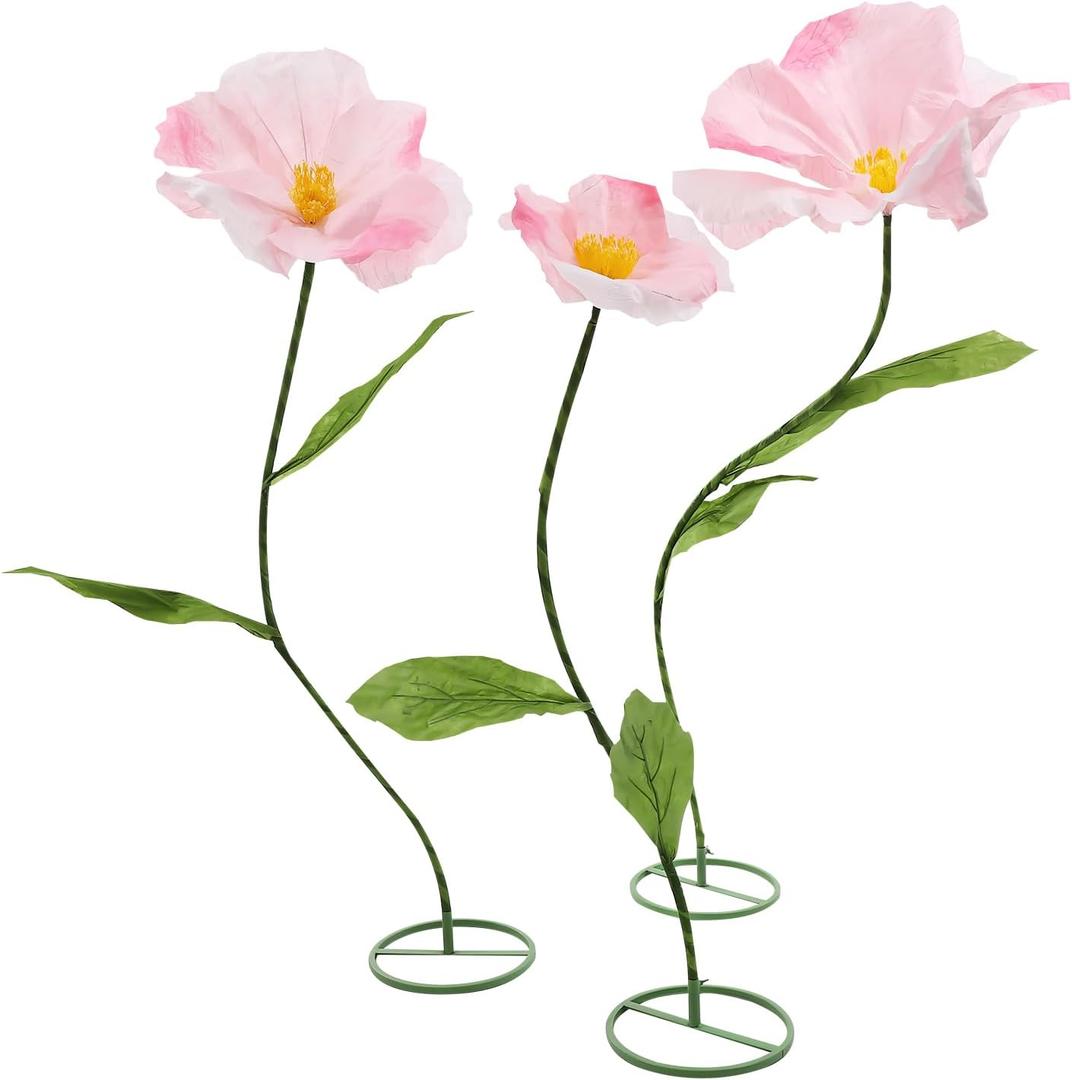 3pcs Giant Artificial Flower Poppy Floor Standing 4.6ft / 5.2ft /5.9 ft, Adjustable for Wedding Decoration Reception, Background Backdrop Photo Props, Shop Window (Pink)