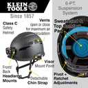 Klein Tools 60517 Safety Helmet, Vented Class C with Rechargeable Lamp and Chin Strap, Premium KARBN Pattern, Adjustable Vents, Large