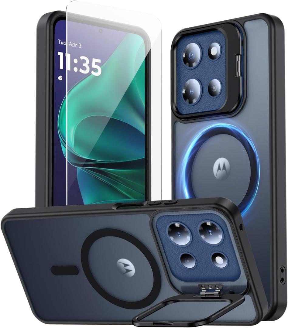 TOBOVON for Motorola Moto G Stylus 5G 2025 Case, Fits MagSafe, with Built-in Camera Ring Stand & Sceen Protector, Slim Translucent Matte Military-Grade Drop Protection Magnetic Cover, Black