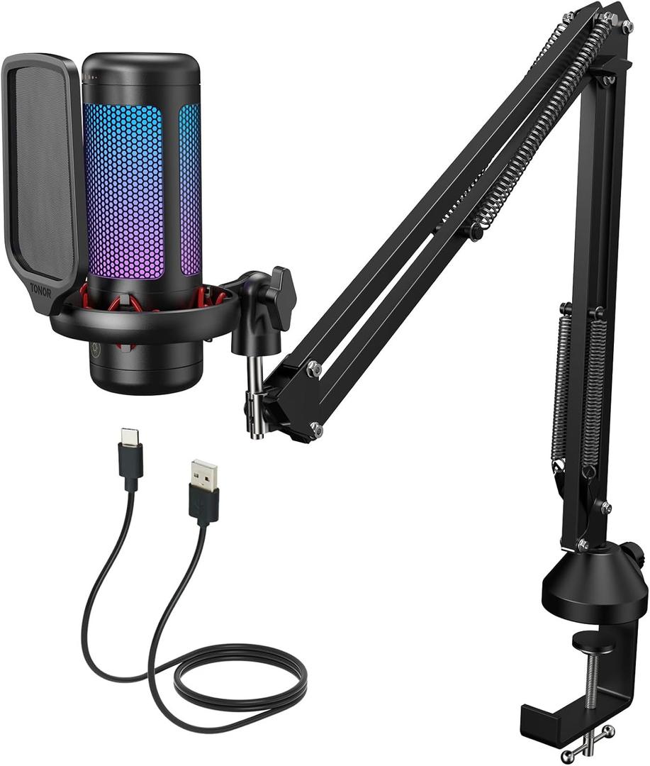 Gaming USB Microphone Set for PC, TONOR RGB Condenser Mic with Boom Arm Quick Mute, RGB Lighting, Pop Filter, Shock Mount, Gain Control for Streaming Podcasting Recording Discord Twitch YouTube TC310+ (Black)