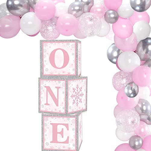 Onederland 1st Birthday Girl Decoration - Pink Winter Birthday Boxes, Blocks, Balloon Garland for Baby Girl Snowflake Theme Baby Shower Supplies