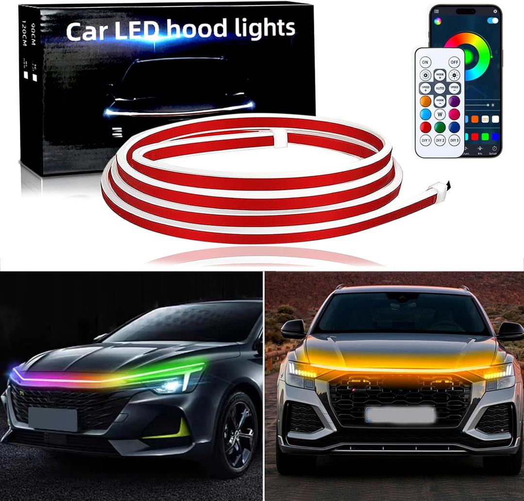 JMTBNO 94 Inch Car Hood Lights Strip, Universal Multicolor Exterior Dynamic Car LED Hood Light with Fuse Flexible & Waterproof Daytime Running Light Strip for Cars SUVs Trucks Pickup