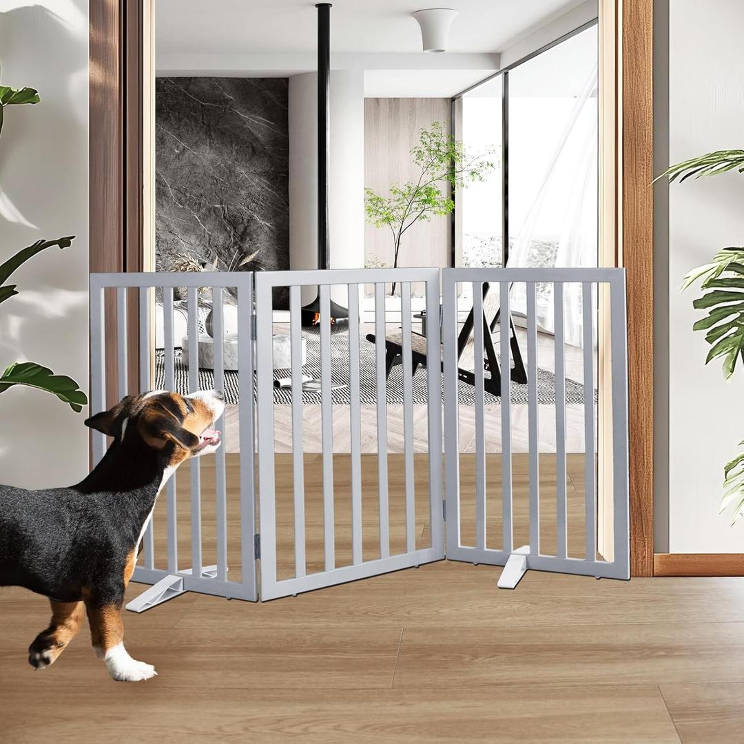 ZJSF Freestanding Indoor Dog Gate for House Foldable Wood Puppy Gate for Doorways Pet Gate for Stairs Extra Wide Pet Fence, Grey, 32" Height 3 Panels (Gray)
