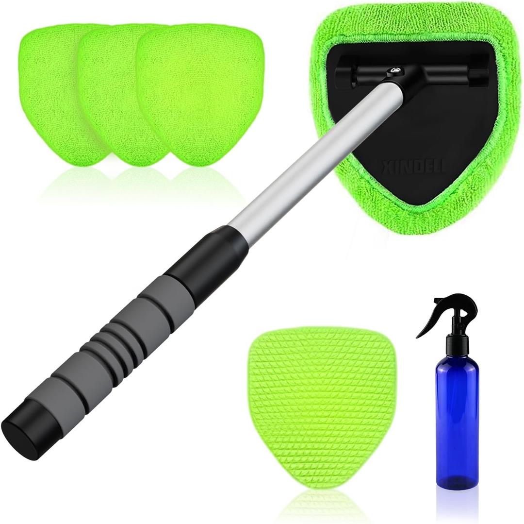 XINDELL Windshield Cleaner Tool  Car Interior Window Cleaning Kit with Extendable Handle & 4 Microfiber Pads, Auto Wiper Inside Windshield Brush for Car & Home Windows (19in)
