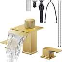 Brushed Gold Bathroom Faucet 3 Hole, 8 Inch Widespread Waterfall Bathroom Sink Faucet with Filter, Includes Metal Pop-Up Drain and Supply Hoses, Perfect for Vanity, Restroom, Sink, Rv