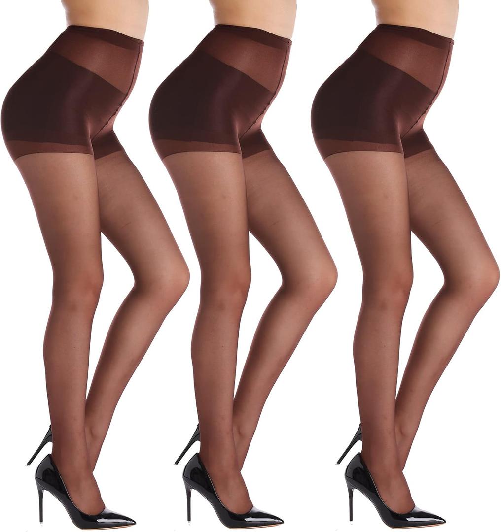 YAGAXI 20D Sheer Tights for Women - 3 Pairs Women's Control Top Pantyhose (Medium, Coffee)