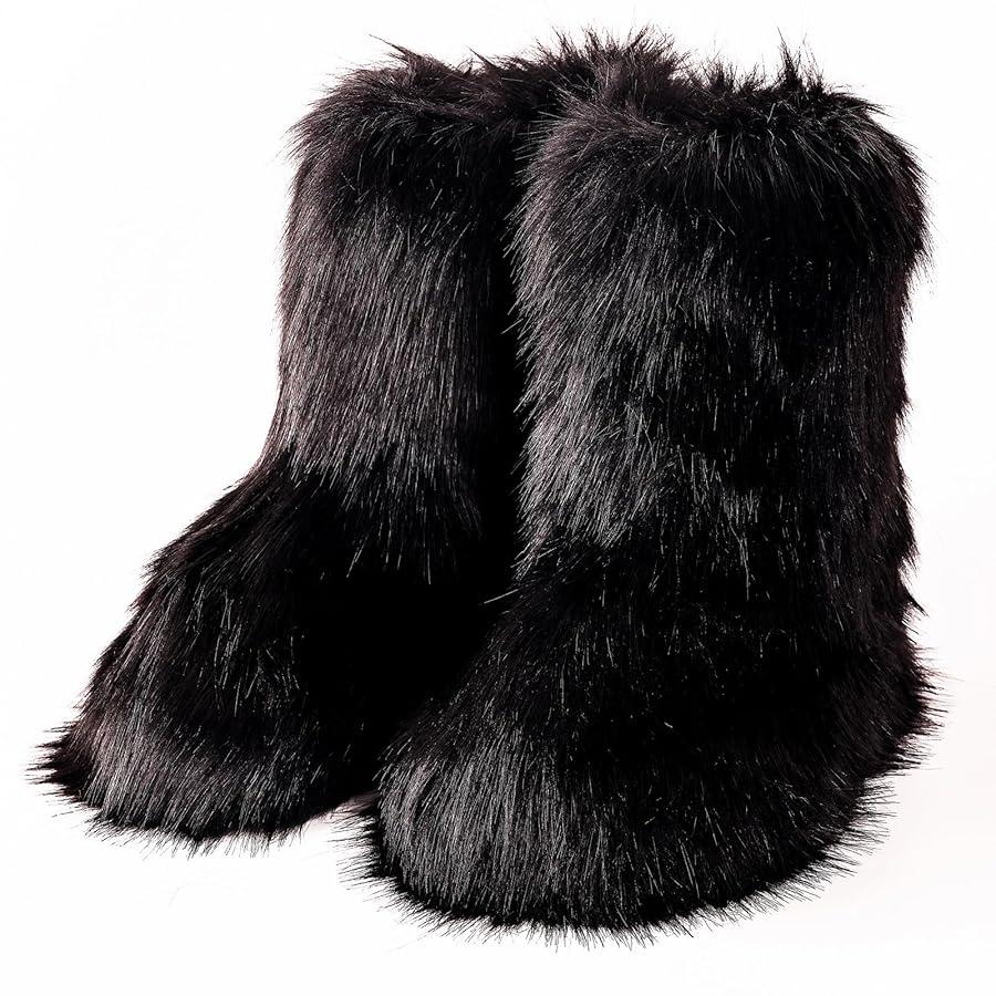 Snow Boots for Women 2024 Furry Boots Winter Knee High Flat Heel Fluffy Faux Fur Boots Size 37