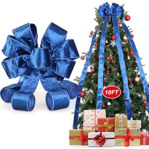 Colovis Christmas Tree Topper Bow, 10ft Long Streamers Tree Topper Bow Blue, Velvet Ribbon Bows Toppers for Xmas Holiday Party Home Decor (Blue) 2 Pack