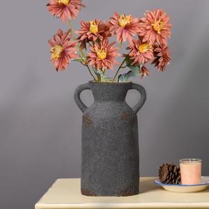 Rustic Ceramic Vase with 2 Handles, 10.6 Inch Black Flower Vases Home Decor, Farmhouse Vases for Centerpieces, Decorative Terracotta Vase for Living Room Decor Shelf Decor Mantel Table Decorations