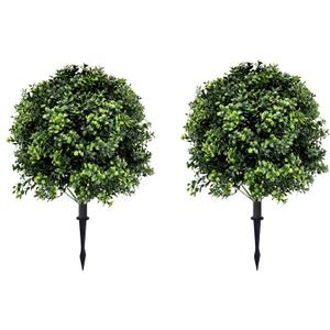 Artificial Boxwood Topiary Ball Tree with Ground Spike 27.5", Set of 2 Outdoor Faux Plants UV Resistant Fake Bushes Shrubs for Garden, Yard, Porch, Patio Decor