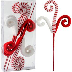 6PC Set Red/Green Christmas Tree Decorations Picks Christmas Woolen Candy Curly Pick, Christmas Tree Toppers Decorations Home Office Vase Party Ornaments (RED)